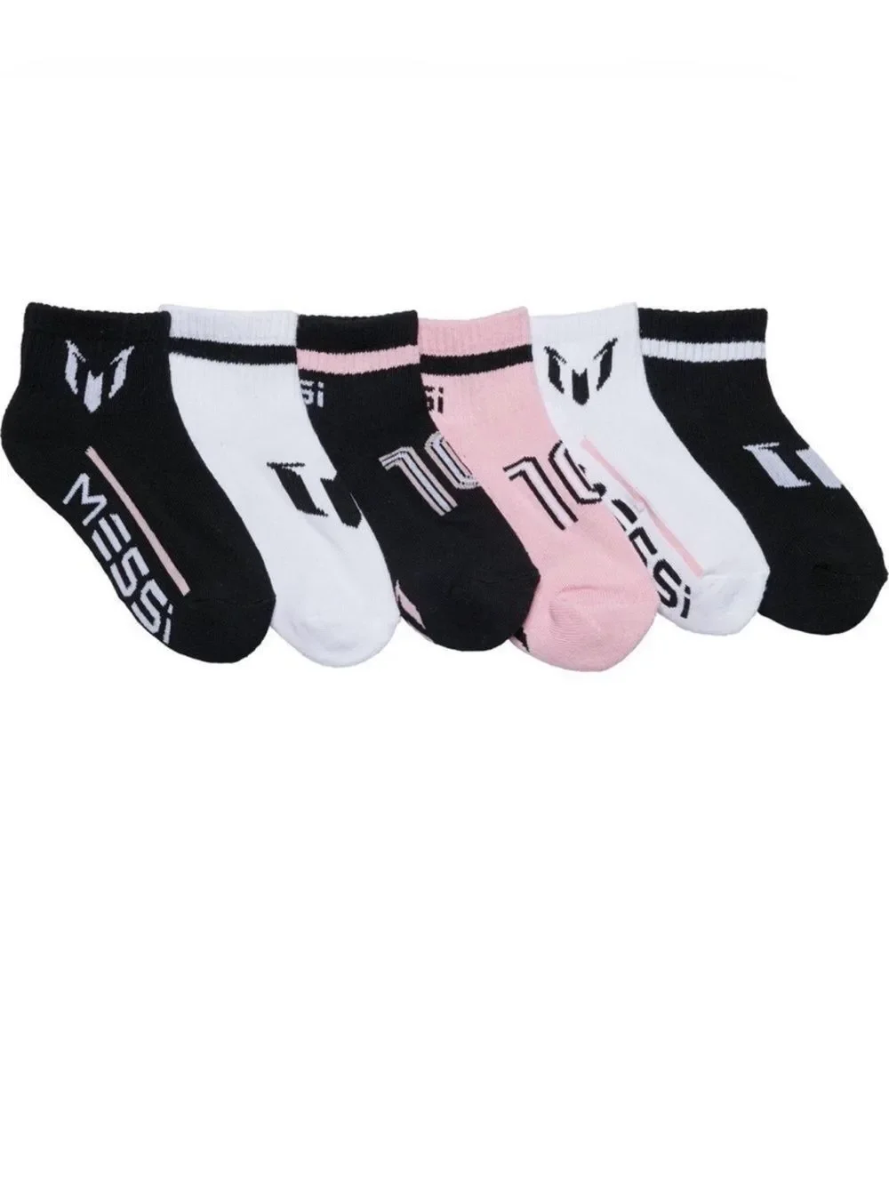 MESSI Black White Pink Boys Girls Lock Up Half Cushion Quarter Crew Socks